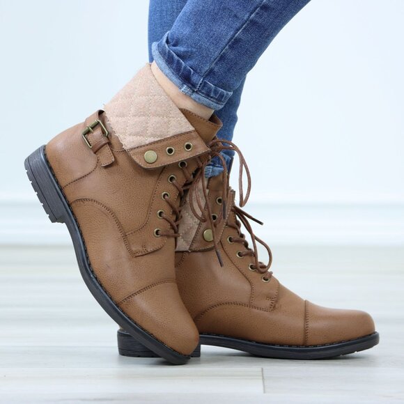 Flat Combat Lined Ankle Boots Tan Faux Leather Booties - Picture 5 of 10